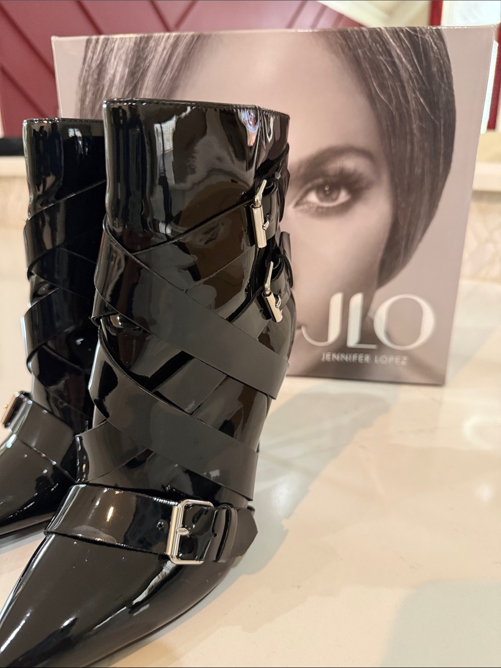 Jennifer Lopez Finola Black Patent Strappy Pointed Ankle Booties